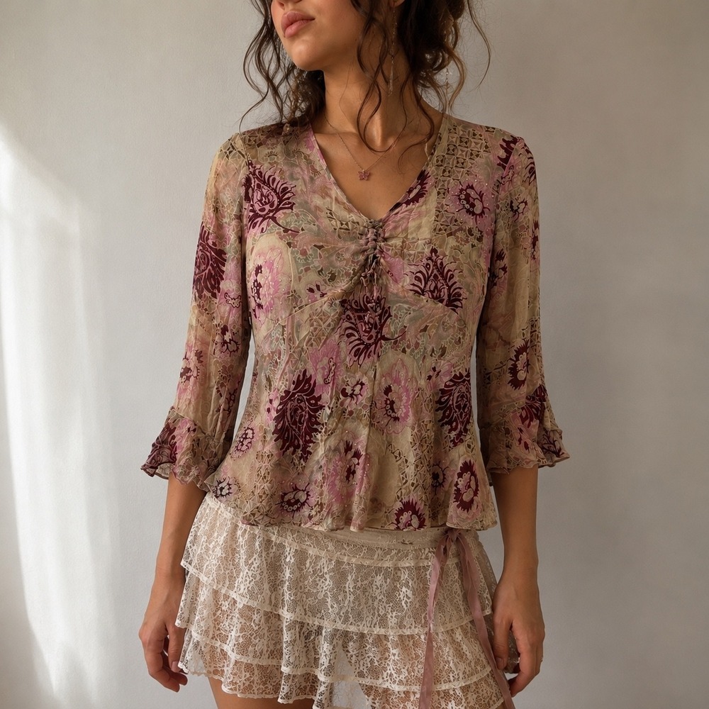 Y2K Fairy Boho Silk Beaded Ruffle Blouse Small Whimsigoth Coquette Romantic